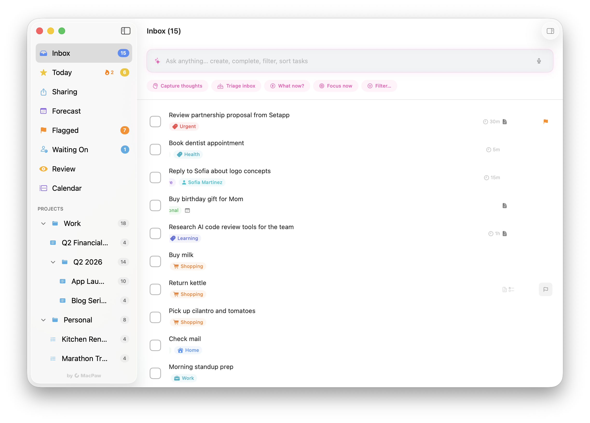 AgenToDo Inbox view showing the command bar, action chips, and 15 captured tasks